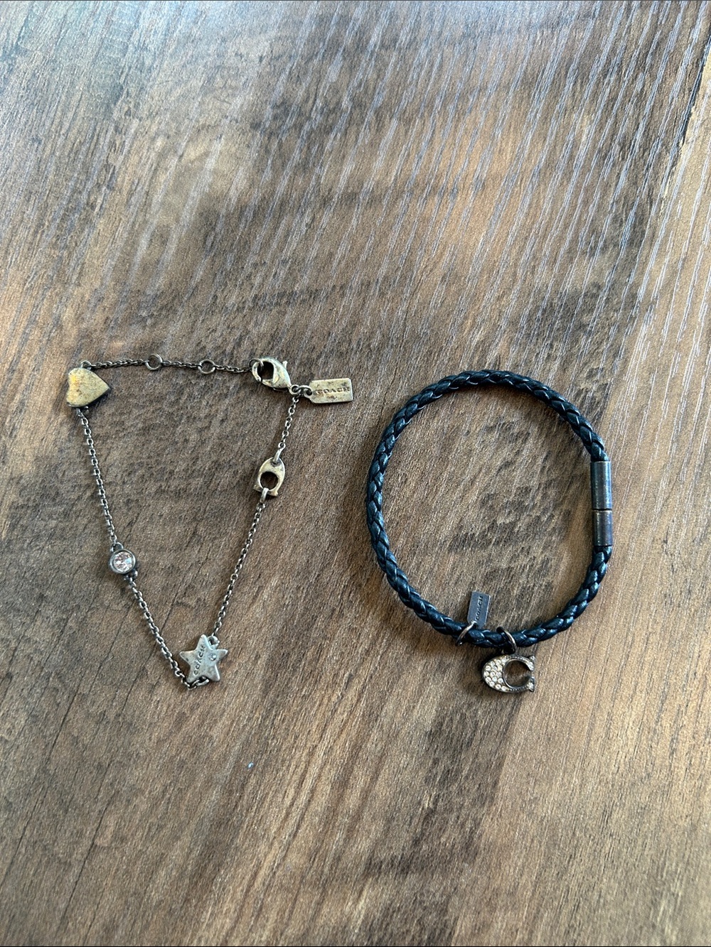 Coach Gold-Tone Charm Bracelet and Black Braided Leather Bracelet